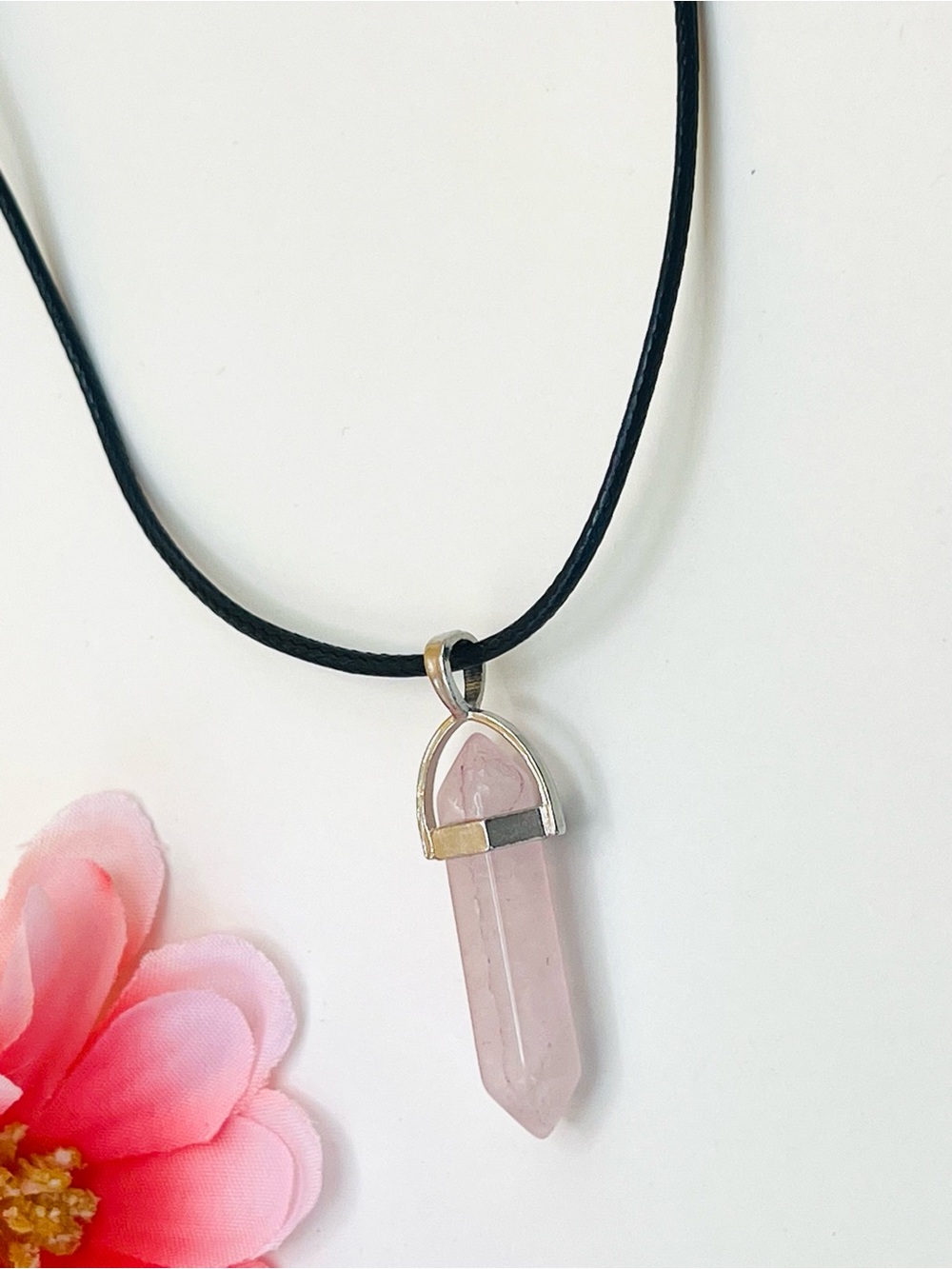 Rose Quartz Point Pendant Necklace - Pink Crystal on Black leather Cord